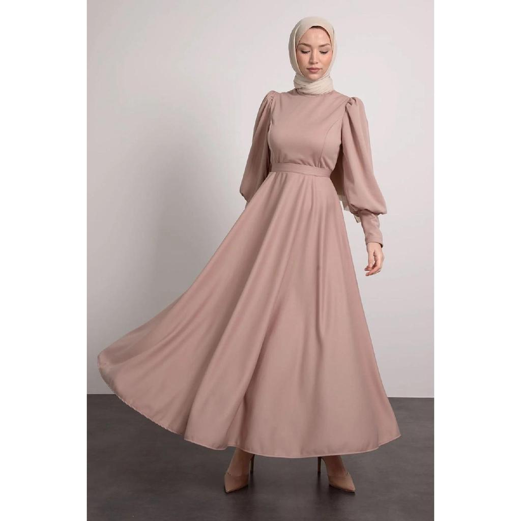 Balloon Sleeve Pleated Skirt Detailed Hijab Dress