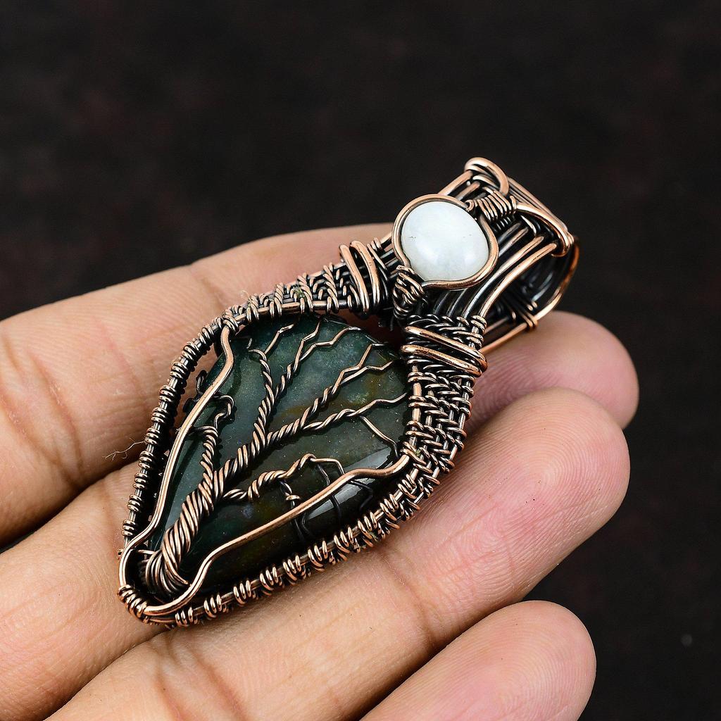 Древо жизни, драгоценный камень, кровавый камень, подвеска из медной проволоки, ювелирное изделие ручной работы, кулон из радужного лунного камня, подарок для нее, старинные ювелирные изделия