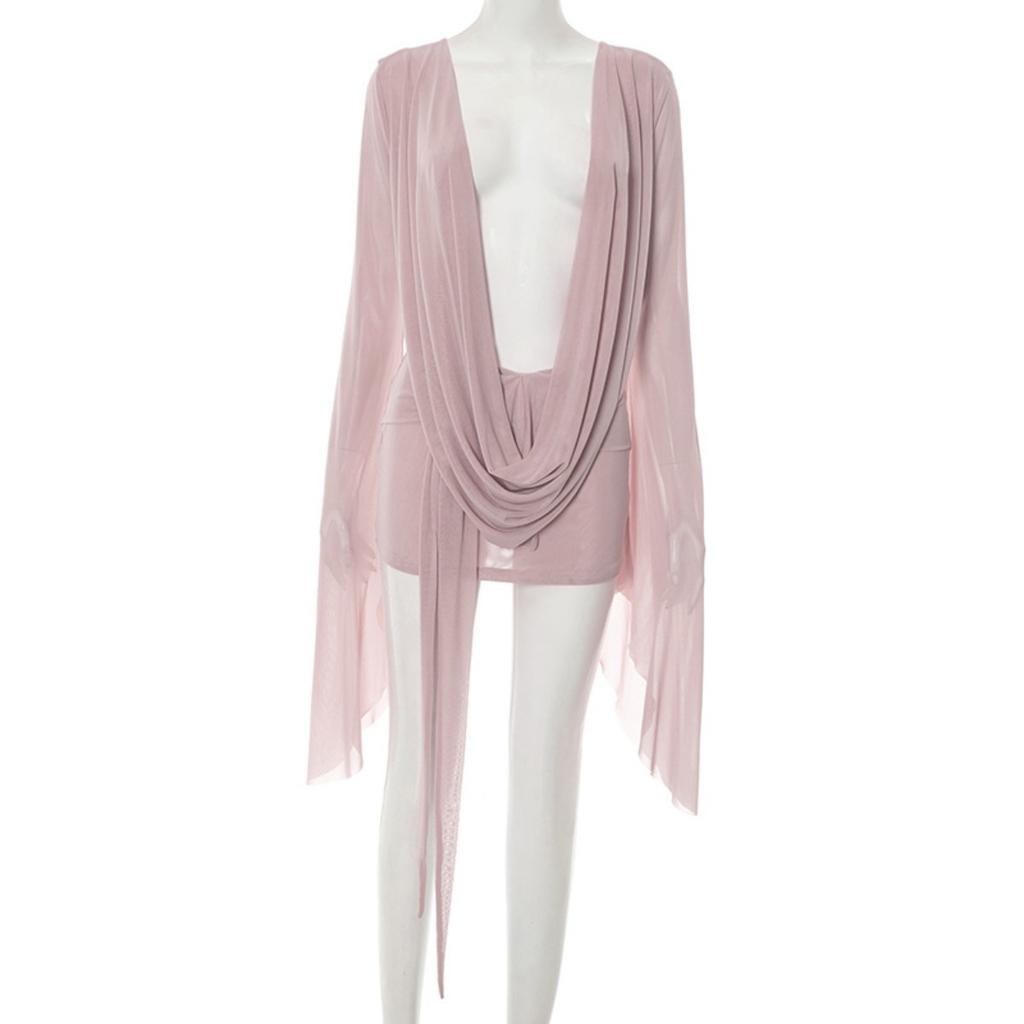 Новое женское сетчатое платье-трапеция с воротником-хомутом, открытой спиной и длинными рукавами, повседневное европейско-американское платье для вечеринки