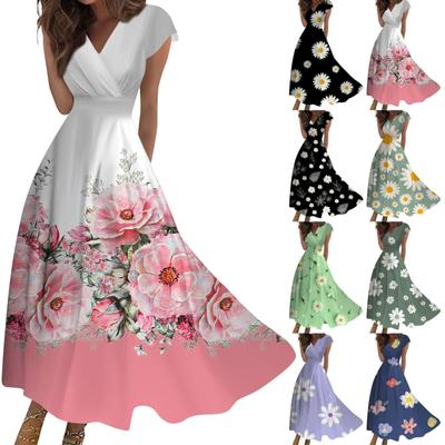 Женское длинное повседневное платье. Летнее платье с короткими рукавами и v-образным вырезом на талии с принтом.