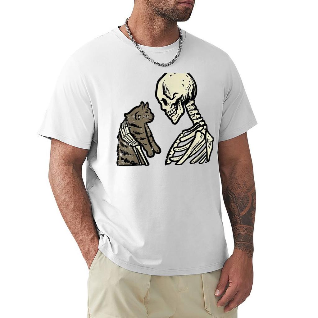 Скелет с кошкой Забавный Хэллоуин Череп Мужчины Женщины Дети Футболка футбольная футболка животный принт для мальчиков футболки мужчины
