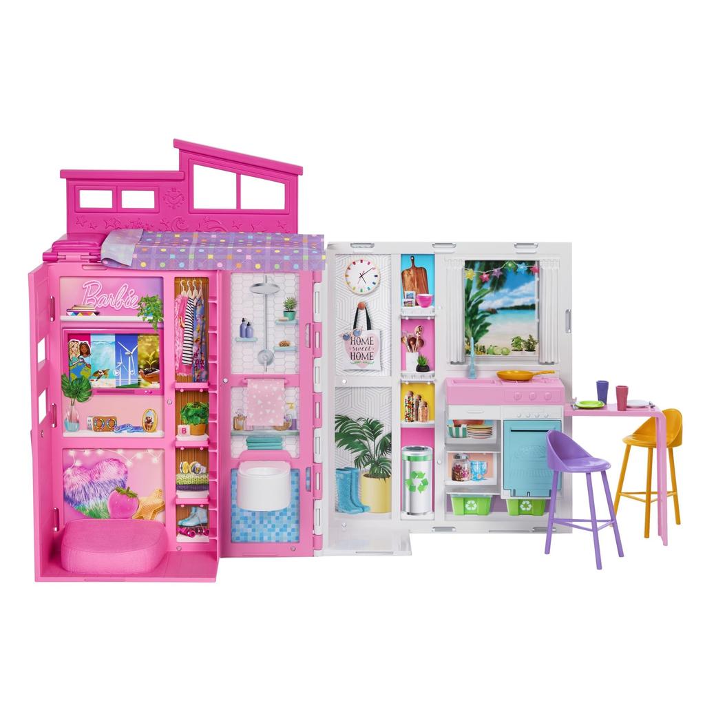 Barbie 65 Pink House Sold Pretend Ages 3 and HRJ76 Earth-Friendly 2-Story (Doll Separately) - Dress-Up Doll, House, Play, Up, Pink,