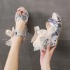 Fashion Women's Floral Print Sandals Mesh Bowknot Decor Wedge Strappy Open-toed Sandal Heels Platform Shoes Ankle-strap Dress Sandales