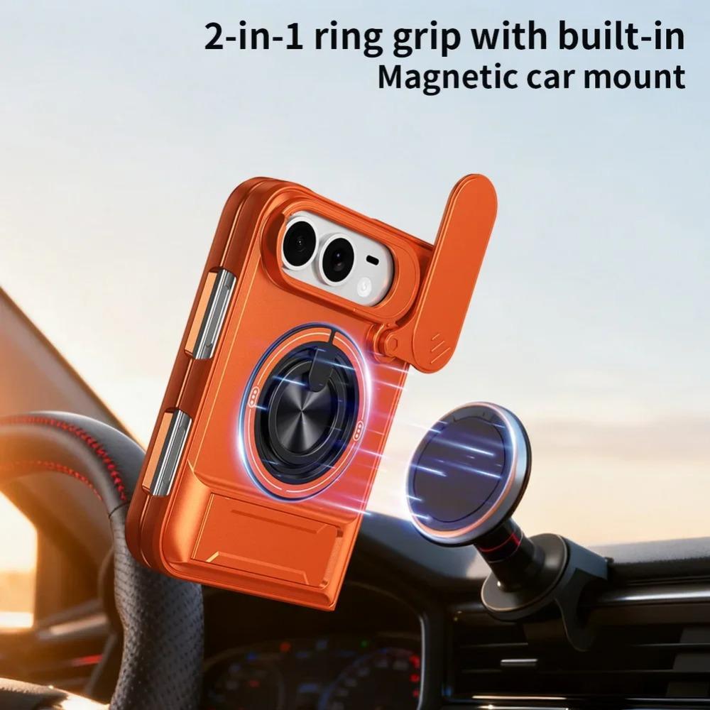 Armor Rugged Shockproof Magnetic Phone Case for IPhone Duo 18 Fold Rotatable Ring Stand Slide Camera Lens Protector Cover