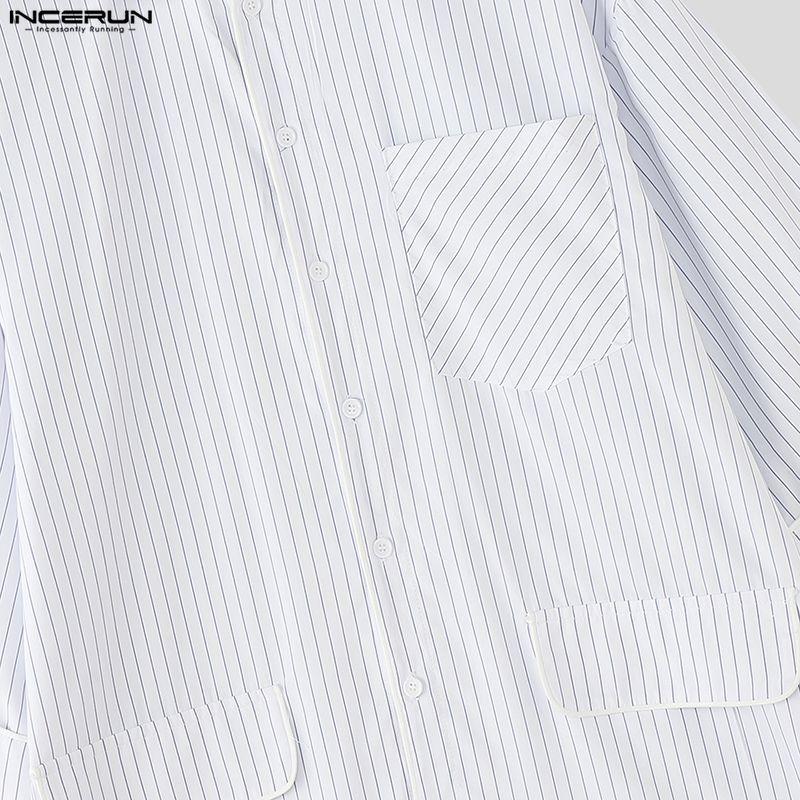 INCERUN Men Spring Lapel Neck 3/4 Sleeve Striped Shirts Casual Oversized Tops