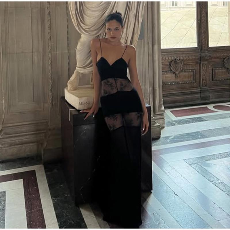 Кружевное прозрачное платье макси на бретелях, женское сексуальное облегающее черное платье без рукавов с открытой спиной, длинное женское платье 2025 года для летней вечеринки