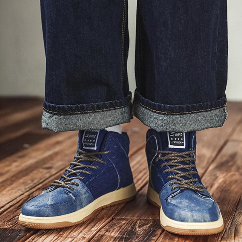 Fashion Middle and High Top Men's Retro Autumn and Winter Denim Color Matching Men's Shoes Casual Sports Shoes Men's Trendy Shoes