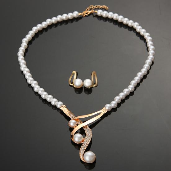 Hook Shape Pendant Faux Pearl Beaded Necklace Earrings Bridal Party Jewelry Set