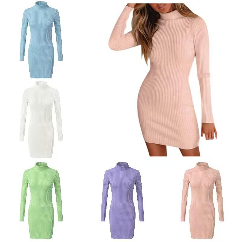 Трикотажное осеннее платье с высоким воротом, женская одежда, облегающее платье с темпераментом и обтягивающим низом, платья