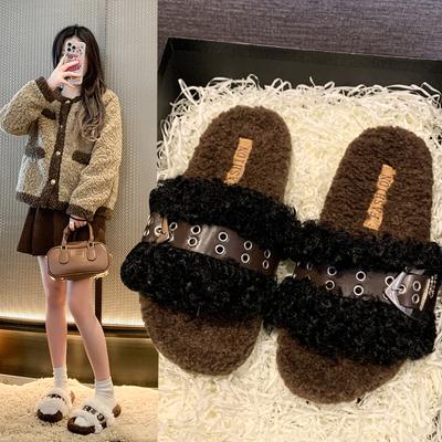 Мода 2024 года, женские новые замшевые теплые тапочки на толстой подошве, модные и повседневные женские хлопковые тапочки в гавайском римском стиле с пряжкой на поясе