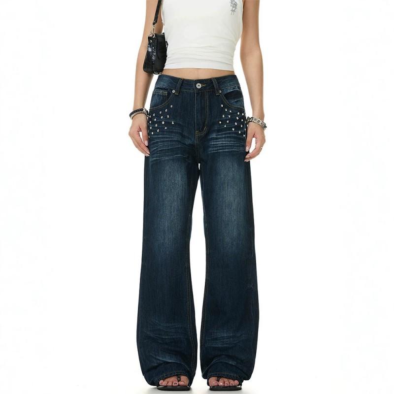 Womens Plus Size Washed Denim Flared Jeans With Rivet Detail Straight Fit High Stretch Low Rise Long Pants