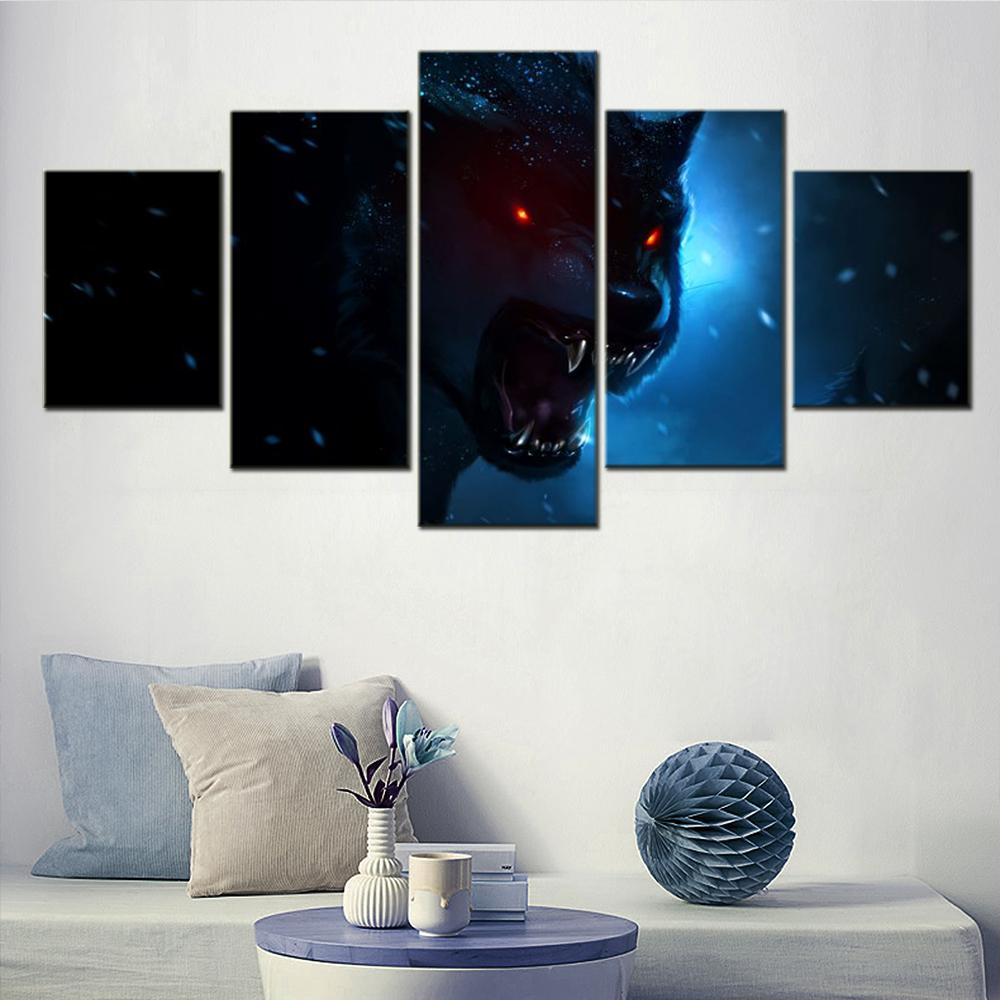 5 Pieces Canvas Decorative Wall Pictures Animals Black Wolf Wallpaper Home Decor Living Room Pster Painting And Print Artwork No Frame