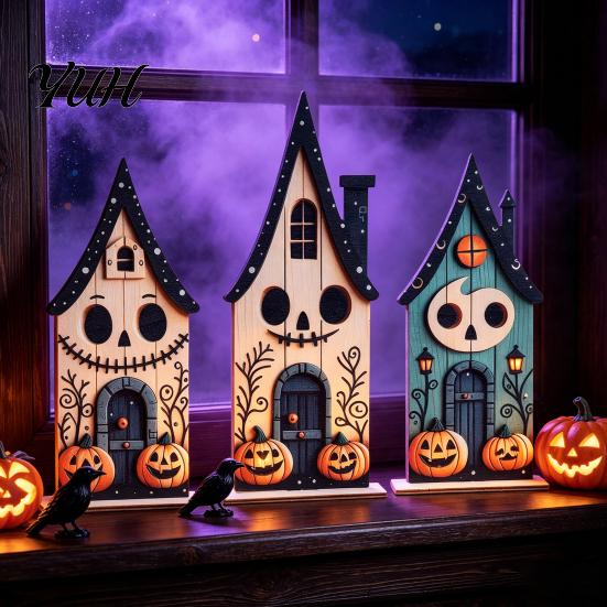Thanksgiving Tabletop Ornament 3Pcs Halloween Ghost Pumpkin House Ornaments, 2D Flat Wooden Decorations Durable Solid Wood Decor for Home Office