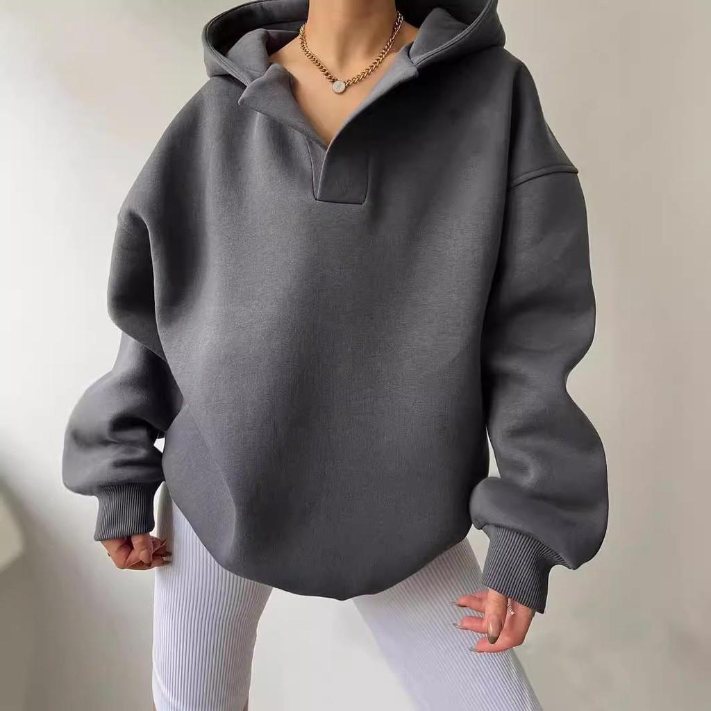 2026 Autumn/Winter Women's Solid Color Hooded Sweatshirt - European & American Style, Long Sleeve, Loose Fit Hoodie