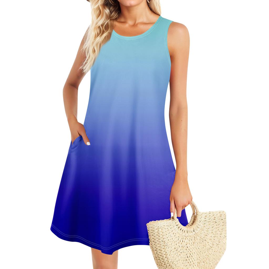 Summer Dresses For Women Beach Boho Sleeveless Vintage Printing Flowy Pocket Tshirt Tank Sundresses