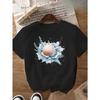 European sizes Women's Seashell & Floral Print T-Shirt - Black with Blue & Pink Accents, Short Sleeve Crew Neck Casual Top for Spring & Summer