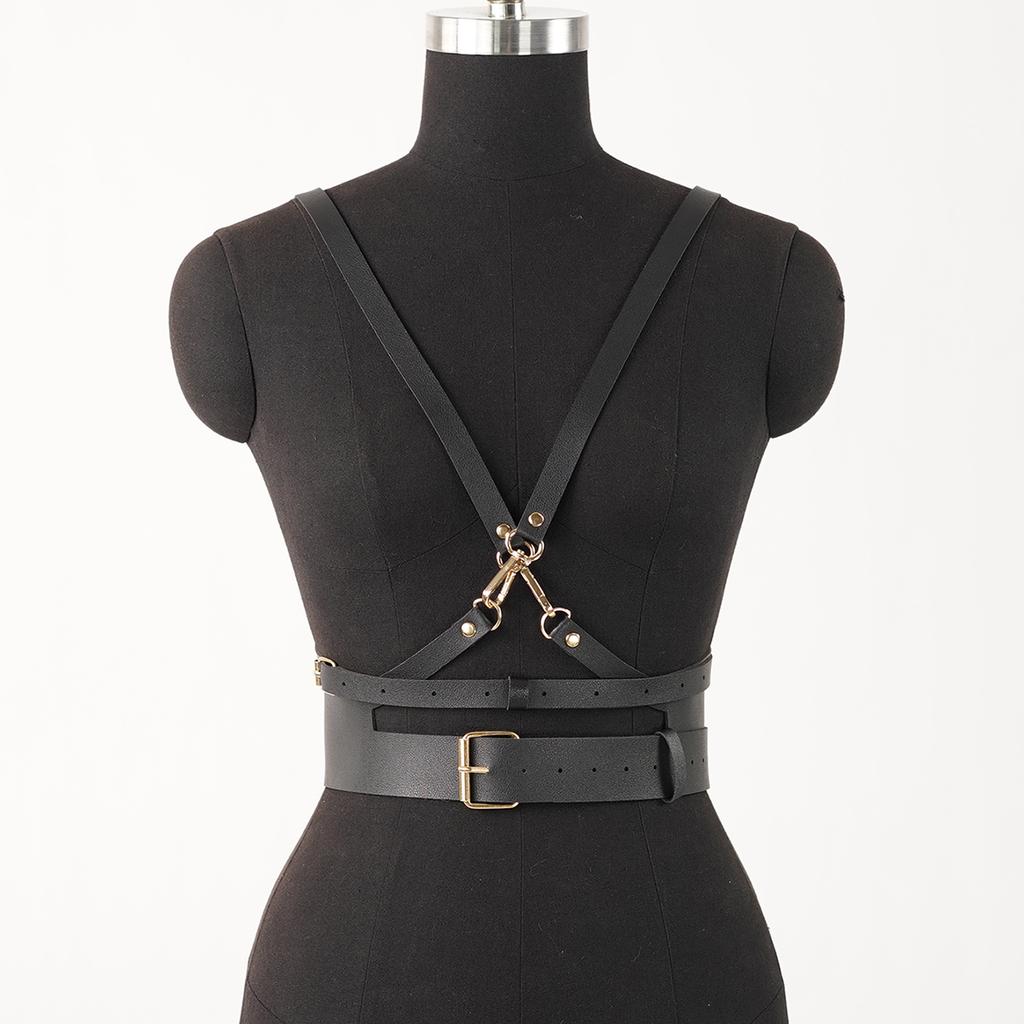 Кожаная шлейка-боди для женщин - Гот-панк дизайн с цепями, Регулируемая посадка, Идеально для EDM-фестивалей