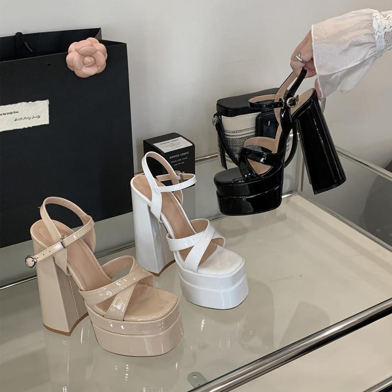 Runway Style 15cm Ultra High Heels Women Gladiator Sandals Platform Wedges Patent Leather Summer Chunky Shoes Sandalias
