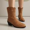 Cowboy Winter Boots for Women Ankle Boots Wide Calf Leather Heels Shoes 2025