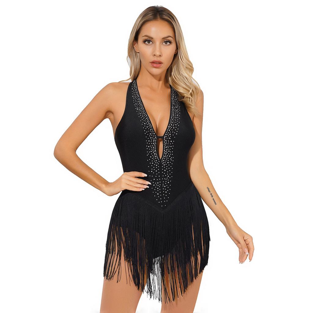Women's Shiny Rhinestone Tassel Latin Jazz Ballroom Lyrical Dance Dress Fringed Leotard Bodysuit