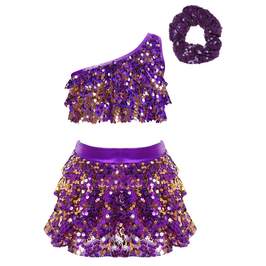 Girls One Shoulder Shiny Sequins Tiered Ruffles Crop Top Skirted Shorts Culottes Hair Tie Dance Outfit