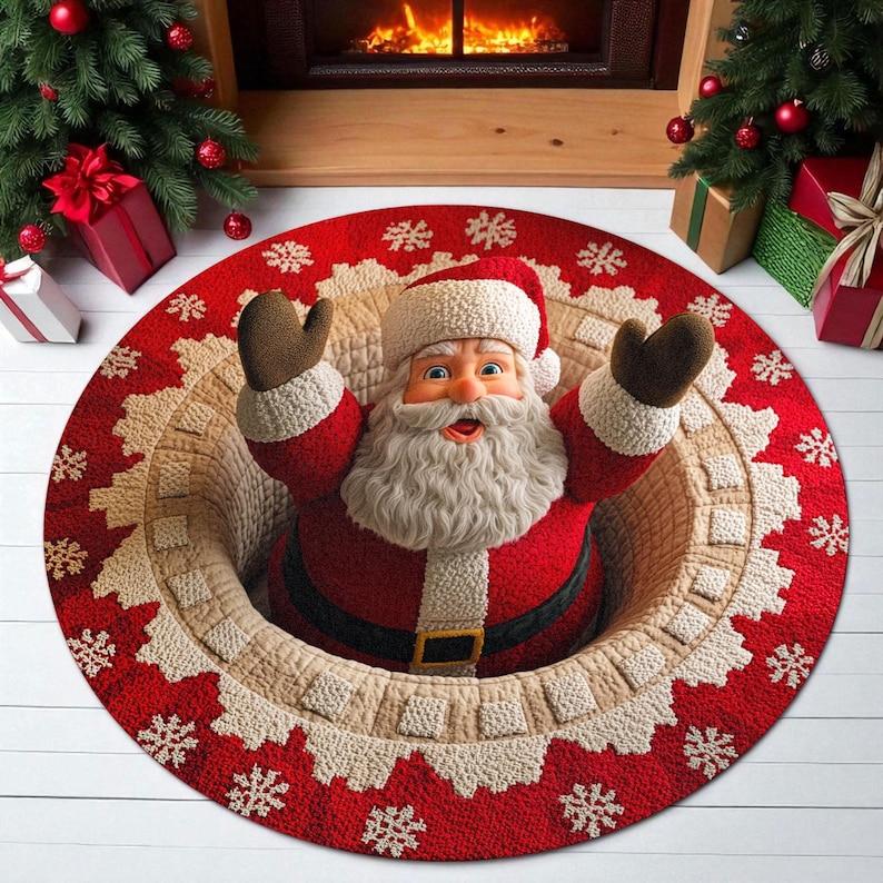 Christmas Santa Claus Round Doormat, Welcome Holiday Mat, Indoor Rug Decor for Home, Festive Xmas Gift Idea (2D Flat Printing)