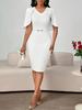 Элегантное белое облегающее платье-карандаш с V-образным вырезом, коротким рукавом, длиной до колена