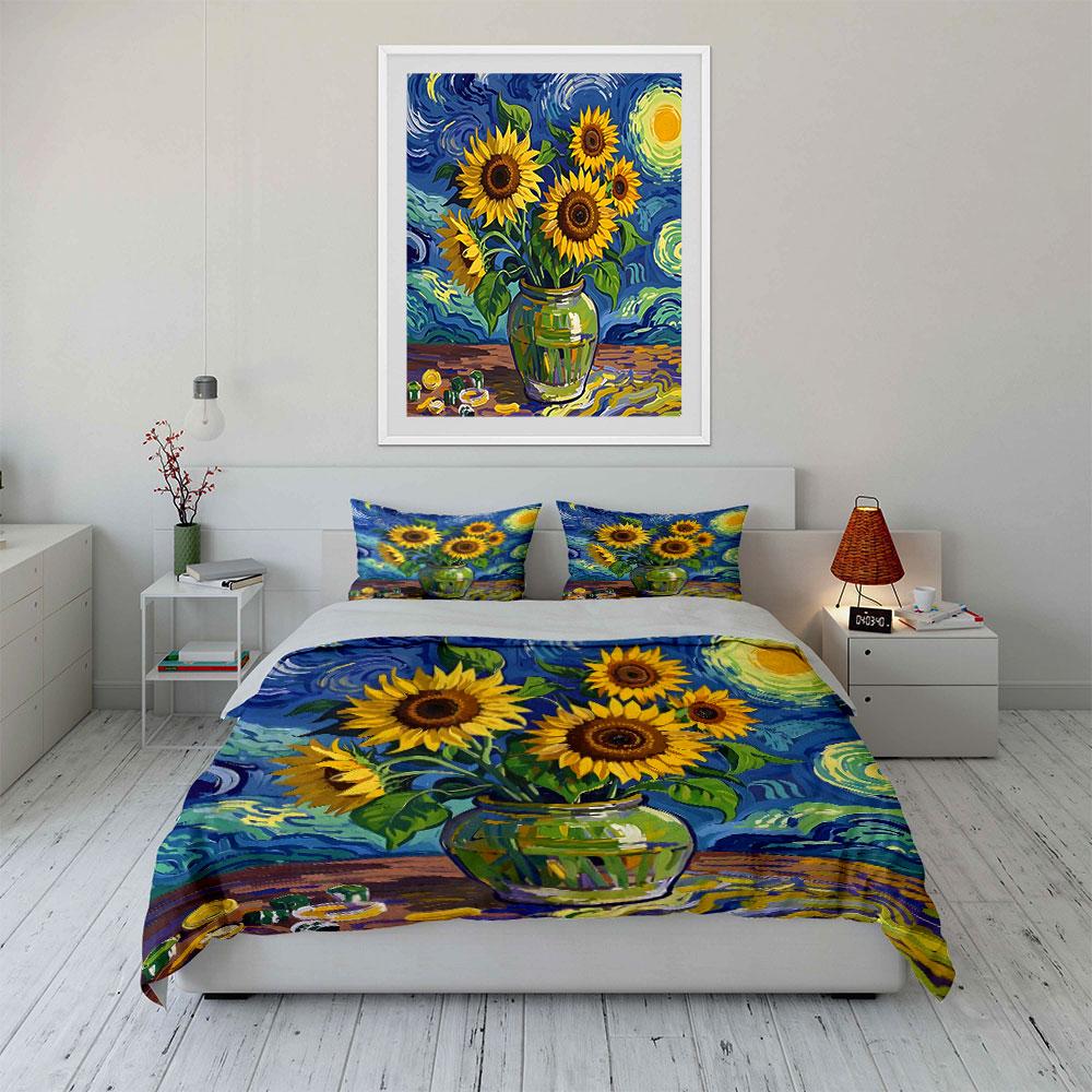Sunflowers in Starry Sky Bedding Duvet Cover Set  (1*Duvet Cover 2*Pillowcases, without duvet insert)