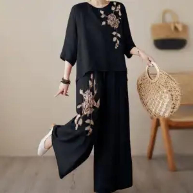 Комплект вышивки льняная летняя рубашка пуловер с короткими рукавами легкие брюки из искусственного хлопка и льна с широкими штанинами комплект из двух предметов