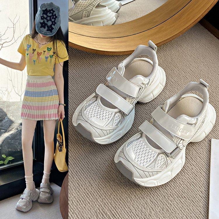 Velcro Hollow Breathable Bag Head Sandals Women's Summer 2025 New Thick-soled Heightening Casual Sports Dad Shoes