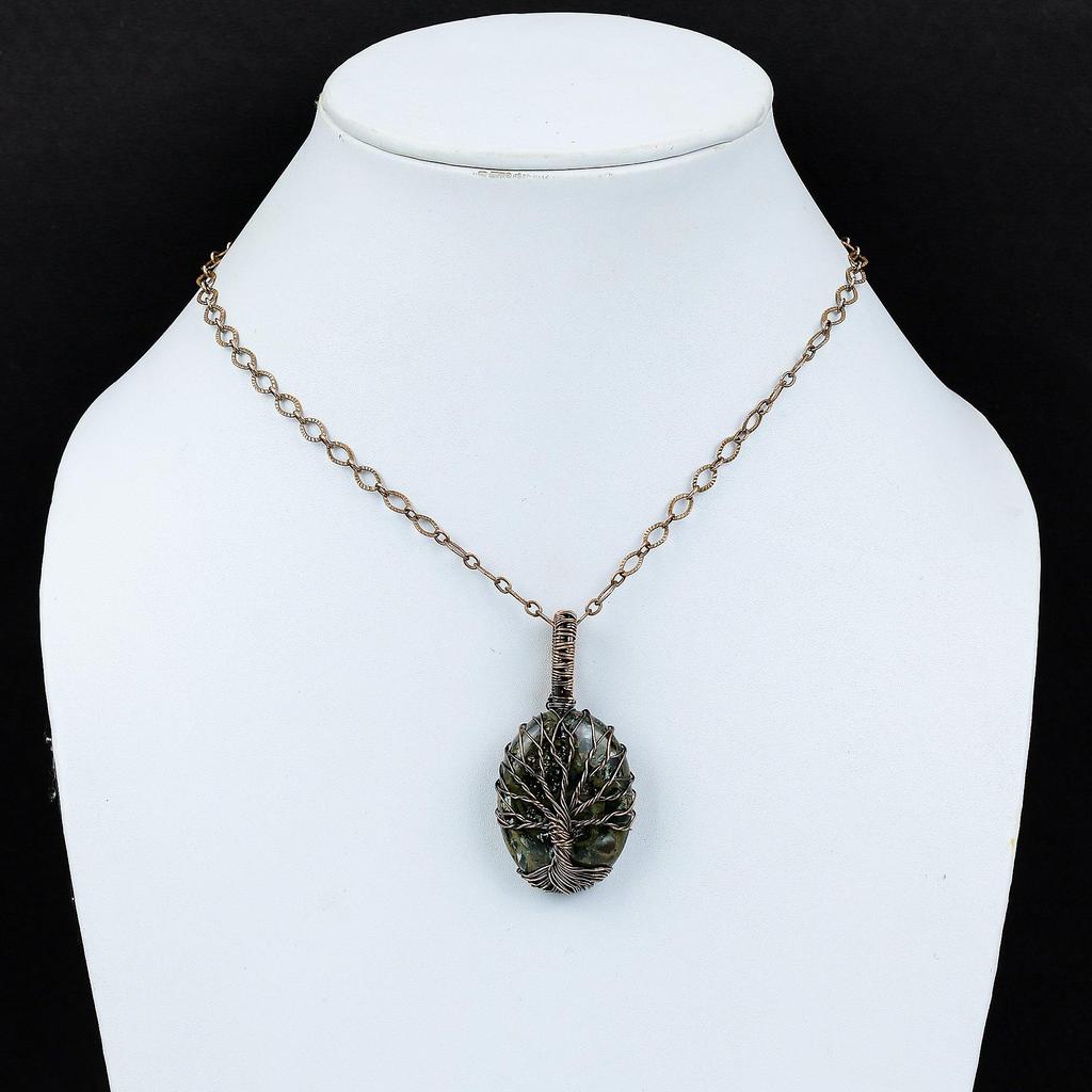 Древо жизни медь серафинит драгоценный камень чистая медная проволока обернутая подвеска ручной работы ювелирные изделия