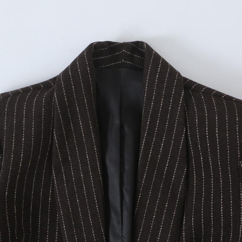 Damski Prążkowany Otwarty Marynarka, Gruba Wełniana Marynarka Garniturowa, Elegancki Design Podkreślający Talię dla Dojeżdżających, Stylowa Bez Guzików Damska Odzież Wierzchnia Biznesowa