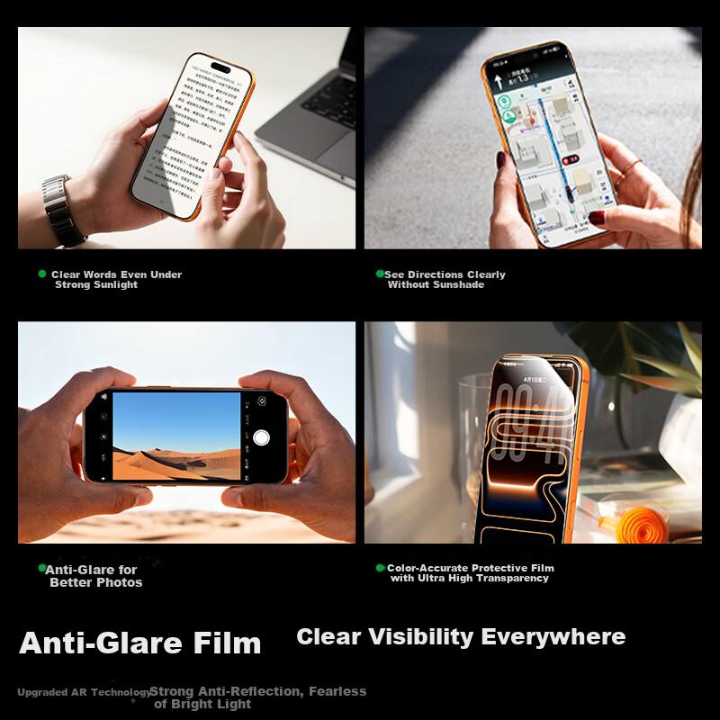 AR Anti-Reflective Tempered Glass Screen Protector for iPhone 17/16 Pro, Full Coverage, HD, Anti-Fingerprint, Drop Resistant, Dust-Free Installation