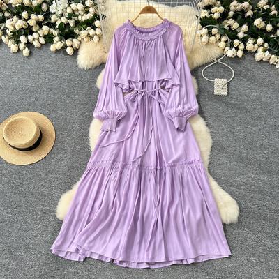 Элегантные асимметричные платья с оборками в винтажном стиле, с круглым вырезом, шикарные, с длинным рукавом, с кружевной шнуровкой, французские вечерние, для улицы, осенняя одежда