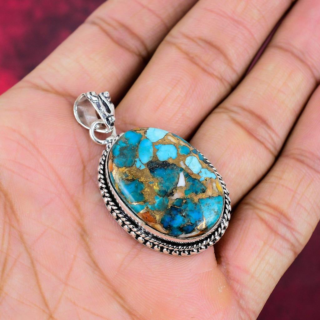Голубой медный бирюзовый кулон ручной работы с драгоценными камнями, 925 пробы серебряный кулон, старинные ювелирные изделия, для подарка на помолвку