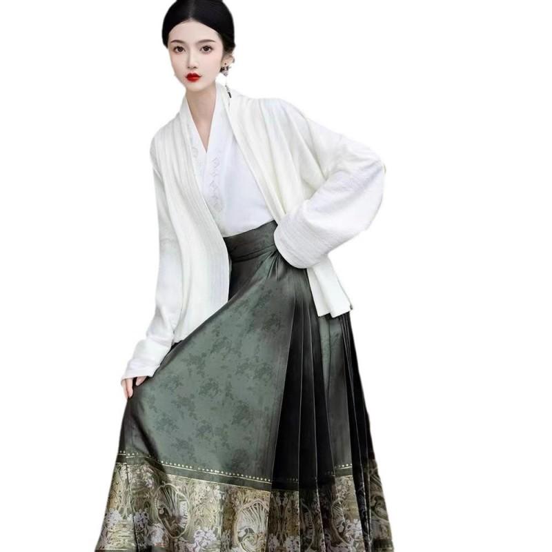 Ming Dynasty Inspired Hanfu Set Womens Embroidered Inner Collar Top Horse-Face Skirt Winter Daily Wear