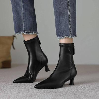 Осенне-зимние женские кожаные ботинки Мартин однотонные с острым носком универсальные на среднем каблуке большого размера кожаные ботинки на тонком каблуке новые ботинки средней высоты женские