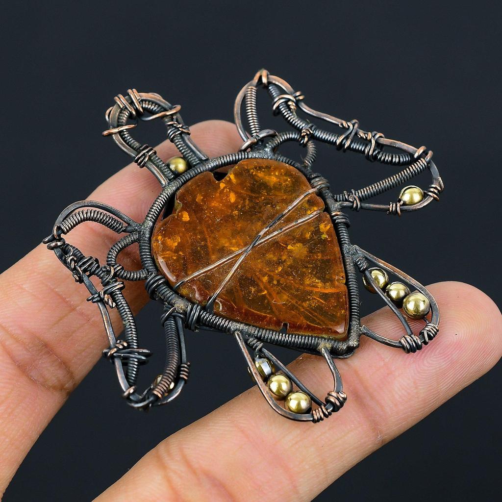 Резной балтийский янтарь в форме черепахи, драгоценный камень, медная проволока, подвеска ручной работы, ювелирный подарок