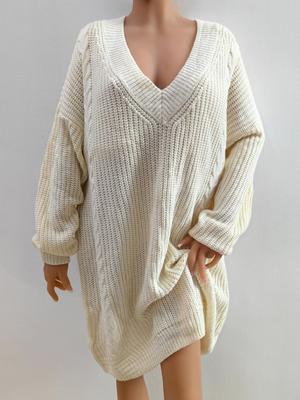 Платье из шерсти большого размера с глубоким V-вырезом однотонное - Осень/Зима Европейский и Американский стиль