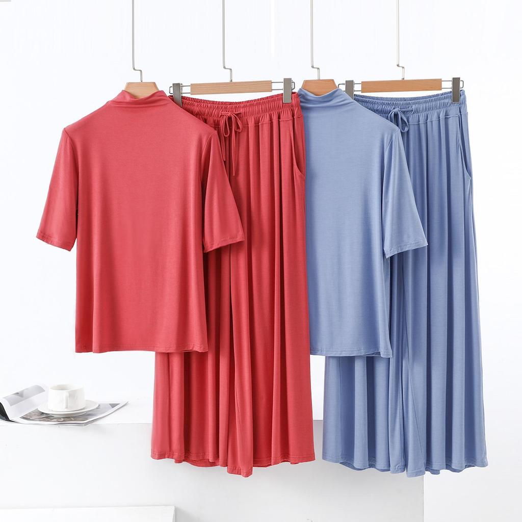 Модальная футболка с полувысоким воротником и рукавом пять четвертей и широкие брюки с карманами, повседневный двухпредметный комплект большого размера для женщин