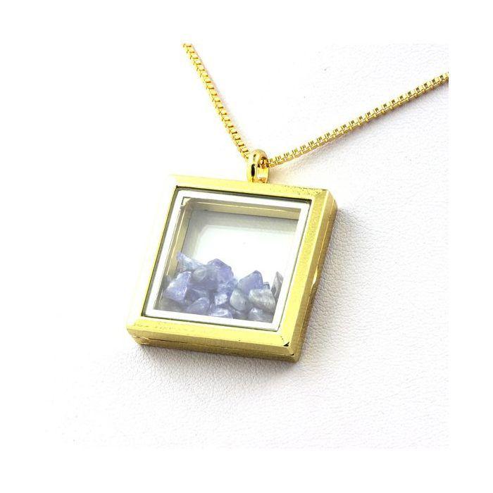 Stones and Minerals. Raw Tanzanite Necklace. Square Model. Gold Color.