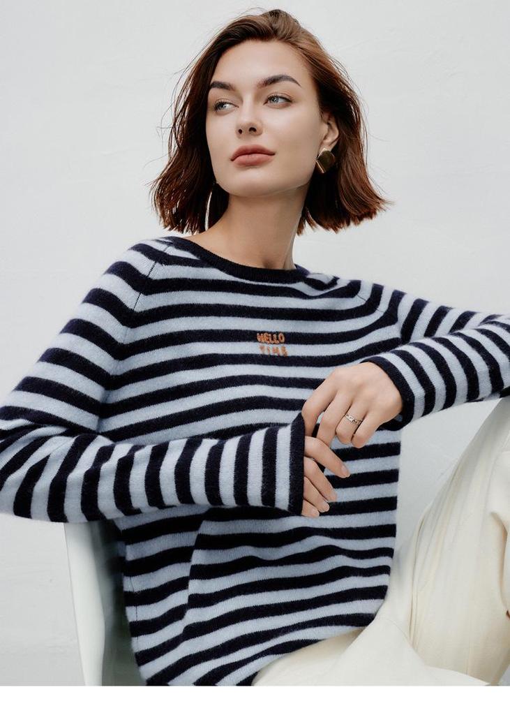 Women's 2026 Spring/Autumn Round Neck 100% Cashmere Knit Outerwear with Striped Letter Design.