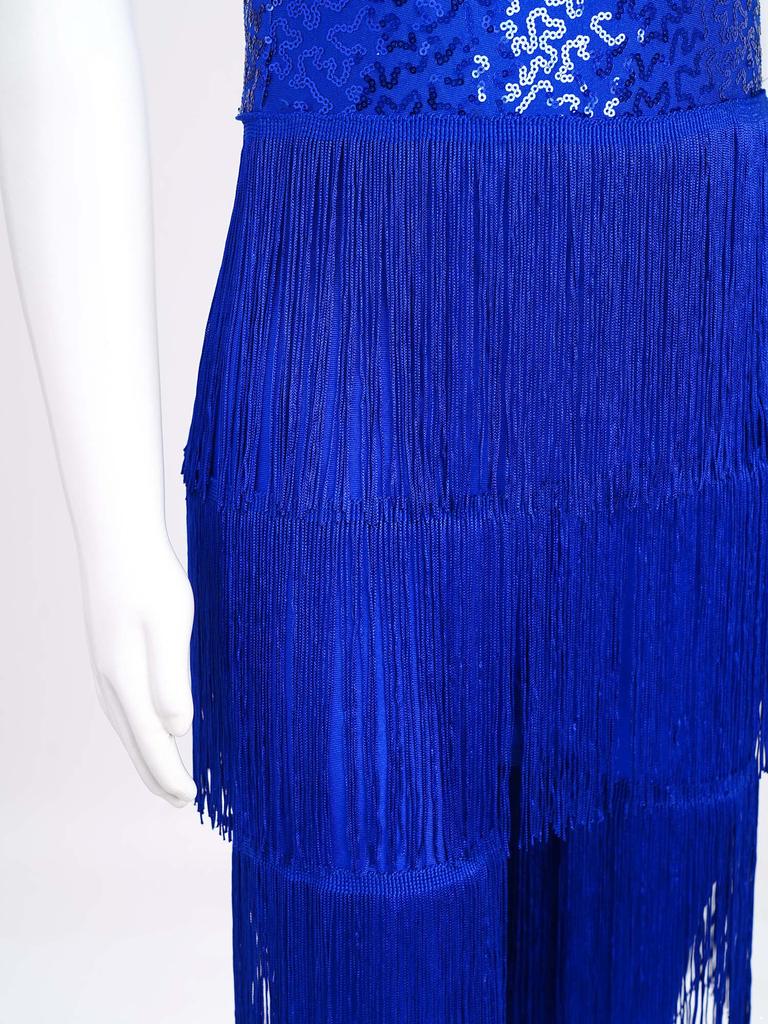 Girls Halter Sleeveless Backless Sequin Tiered Tassel Dance Jumpsuit Cha cha Latin Costume