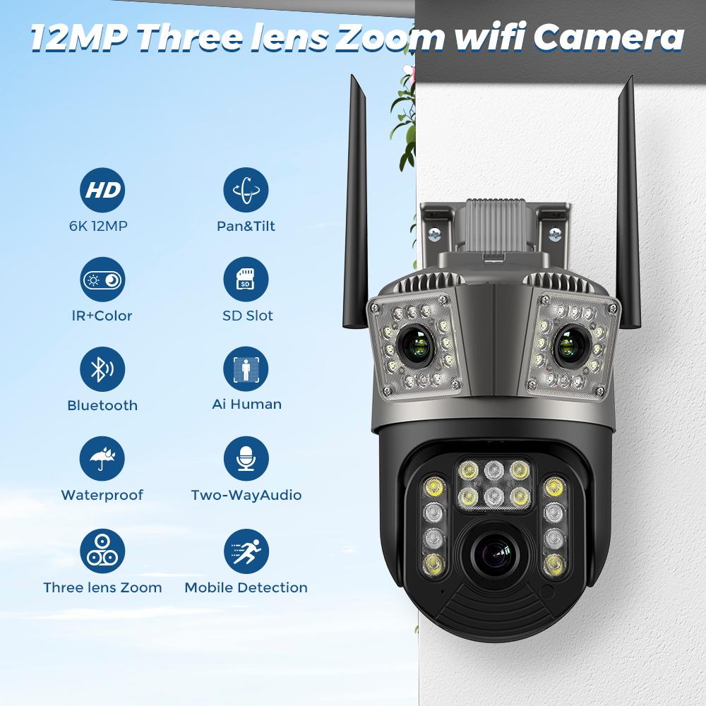 6K 12MP Wifi камера PTZ три экрана наружное автоматическое слежение ночное видение охранная система видеонаблюдения камера IP iCSee