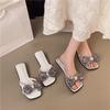 Fashion Versatile Rhinestone Bow High-heeled Sandals and Slippers for Women Summer New Fashion Outside Wear Soft-soled Open-toe Shoes