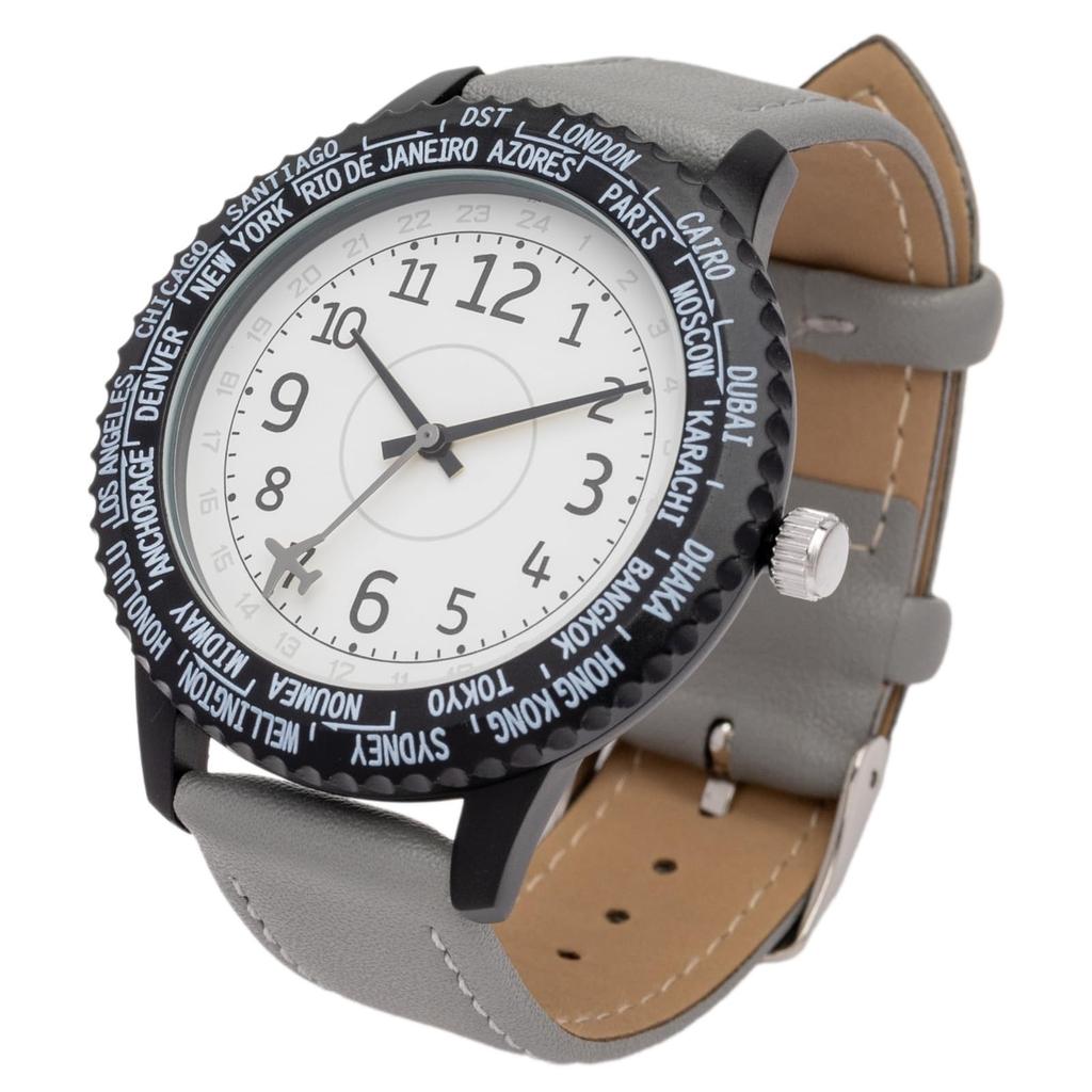 Fieldwork Women's Analog Watch with Leather Strap, World Time Display, Rotating Bezel, Gray, Wald YM125-1
