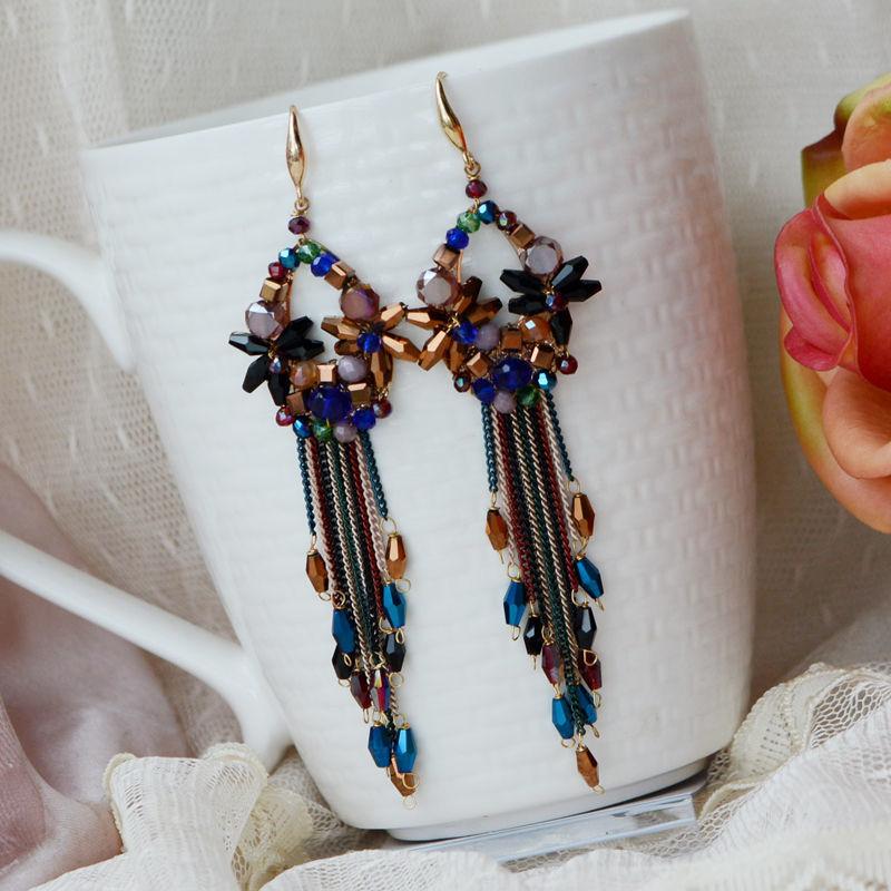 Серьги из бисера, хрустальная округлость, кисточка, цепочка, ручная вязка, богемный сплав, модные простые серьги из рисовых бусин