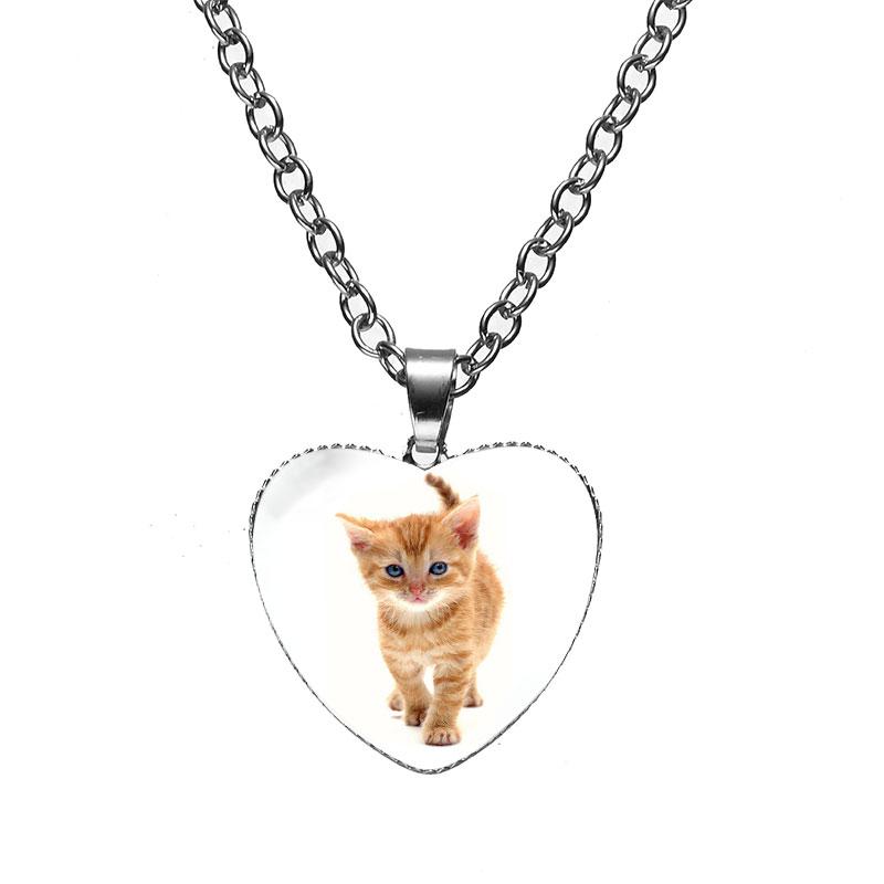 Женская мода милый питомец котенок стеклянный кабошон сердце форма ожерелье кулон ожерелье ювелирные изделия аксессуары подарки