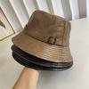 Leather Bucket Hat Women's Autumn and Winter Retro Niche Temperament Basin Hat Shows a Small Face Fashion Plain PU Leather Hat