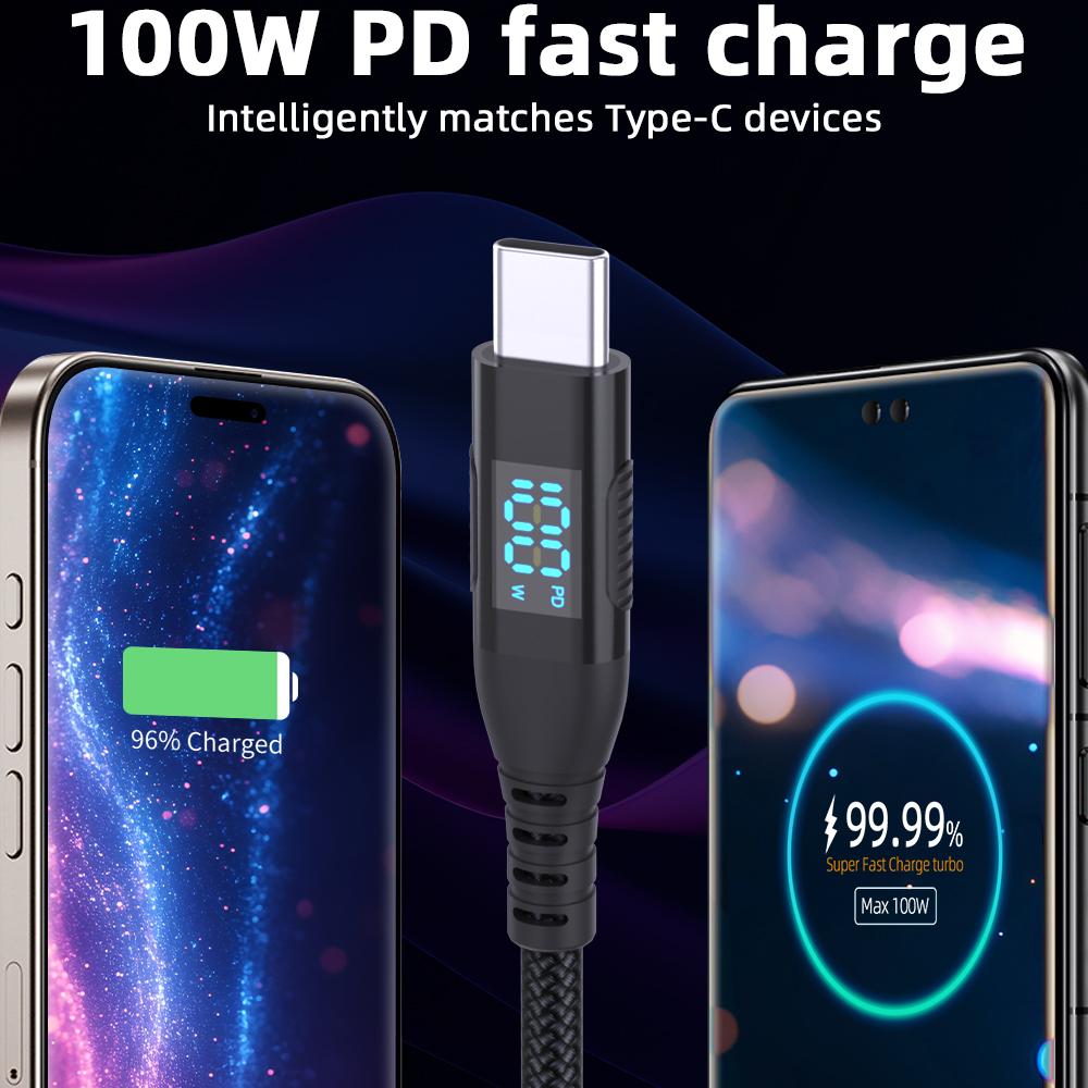 1m USB-C to USB-C Cable 100W 5A/20V Nylon Braided Phone Tablet Fast Charging Digital Display Cord